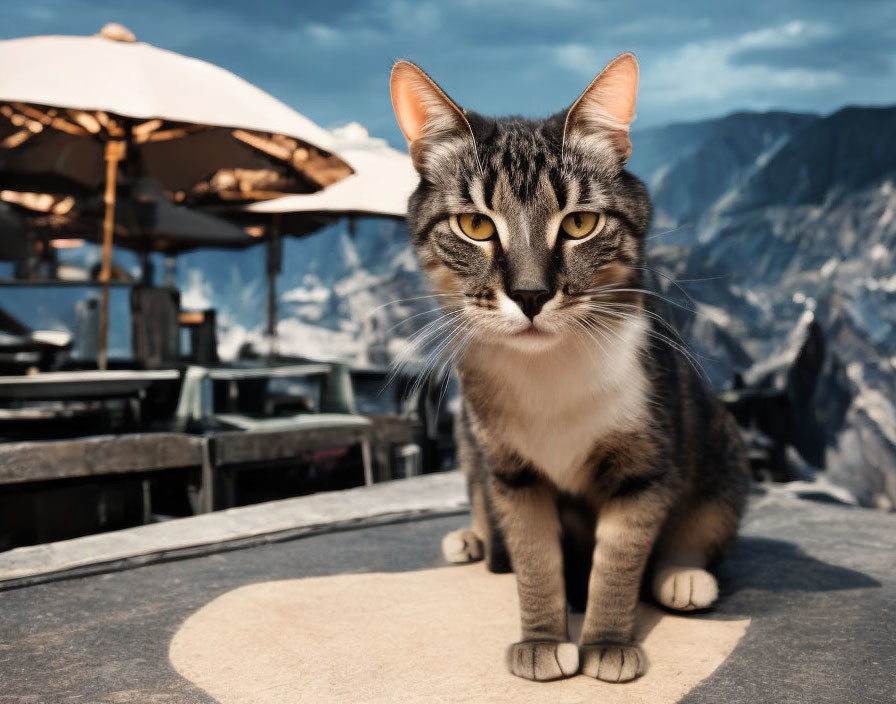 Tabby Cat with Yellow Eyes in Mountain Café Scene