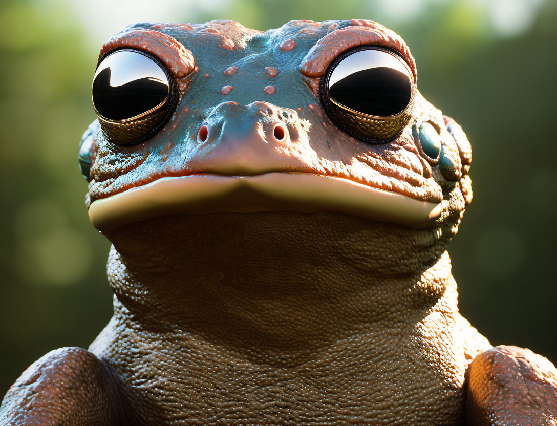 Brown frog with bulging black eyes and textured skin under sunlight