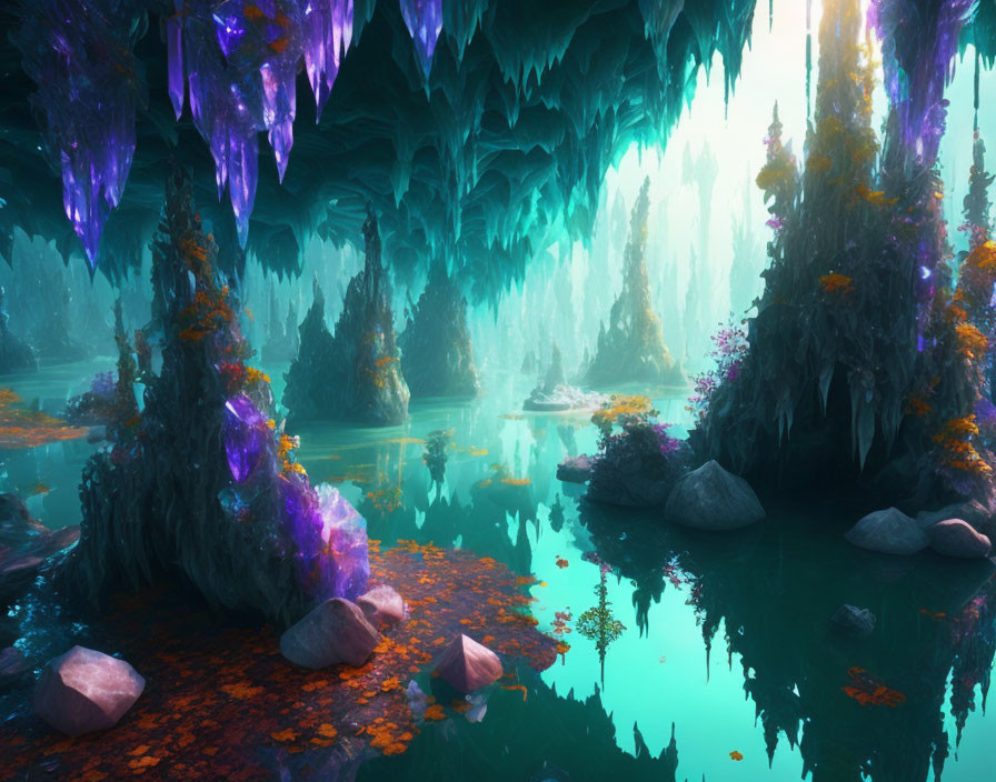 Mystical forest with teal glow, towering trees, purple crystals, serene water.