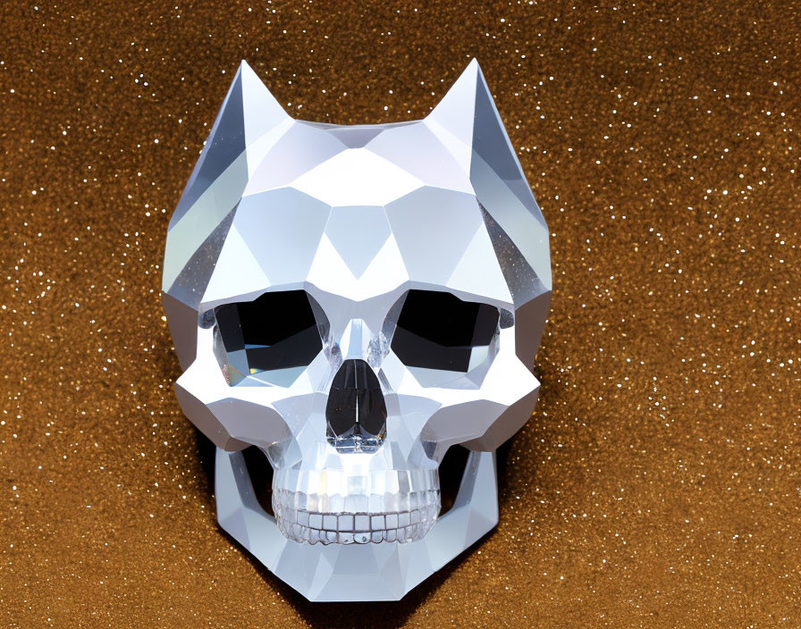 Geometric Silver Skull Sculpture on Glittery Brown Background