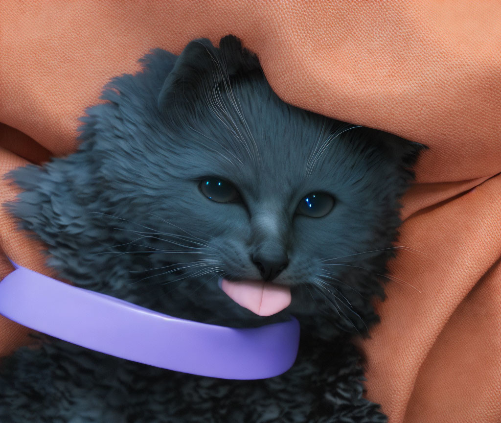 Fluffy Gray Cat with Blue Eyes in Orange Blanket and Purple Collar