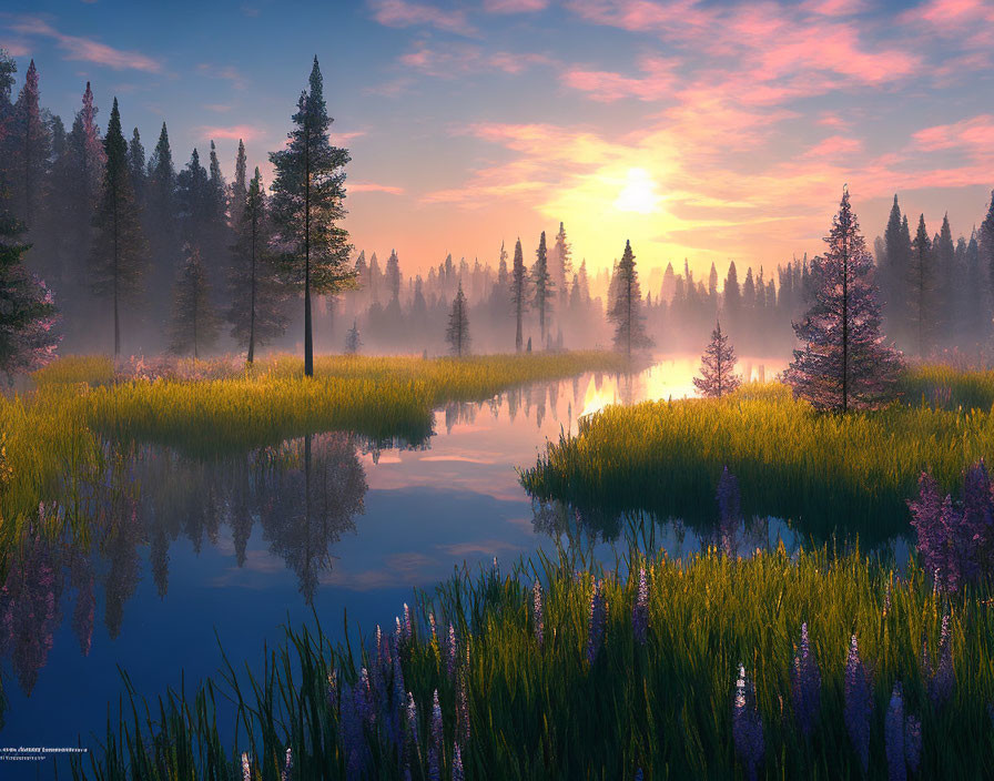 Tranquil Sunrise Scene: Lake, Pine Trees, Purple Wildflowers