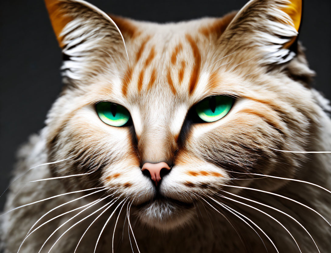 Striking Cat with Green Eyes and Orange Fur on Dark Background