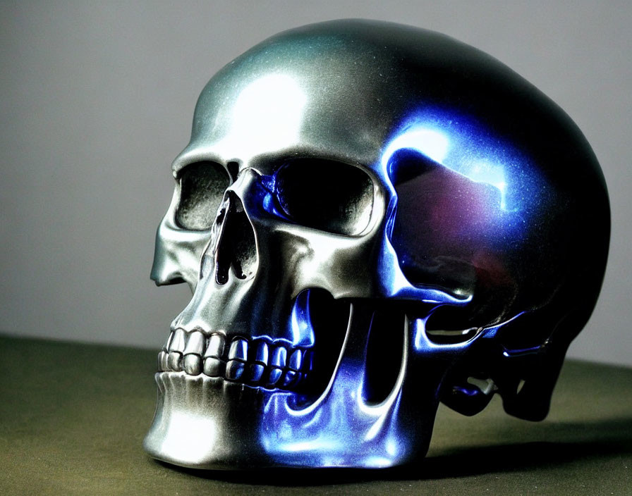 Reflective Metallic Blue and Silver Skull on Neutral Background