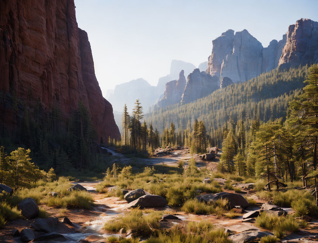 Tranquil forest valley with stream and red rock formations