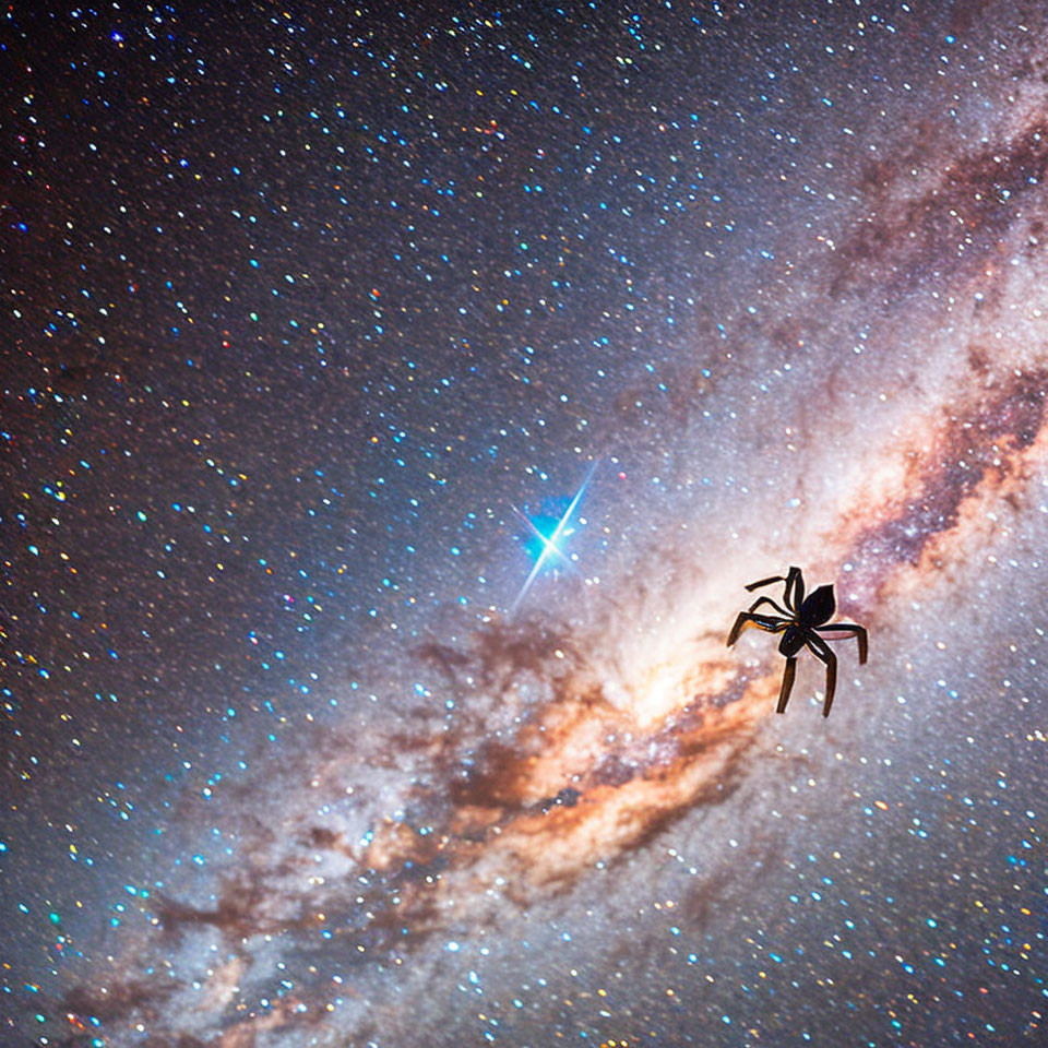 Silhouetted spider against vibrant night sky with stars and Milky Way.