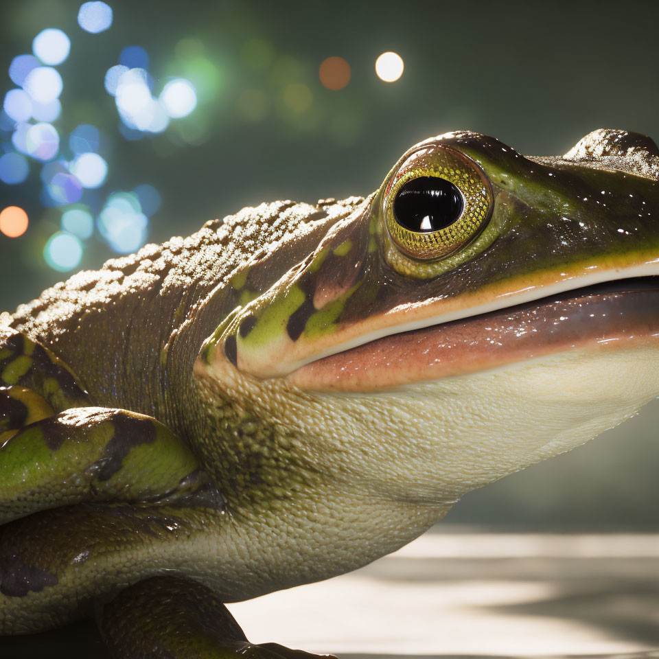 Green and Brown Frog with Glistening Skin and Large Eyes on Bokeh Background