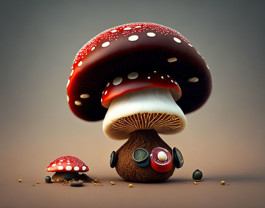 Illustration of two red and white spotted mushrooms with whimsical design