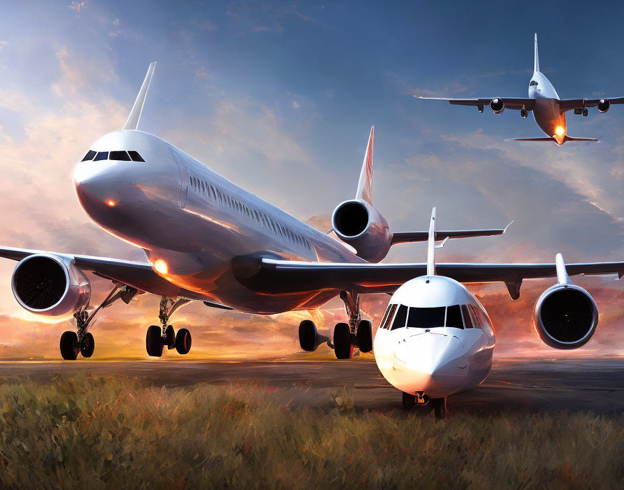 Three commercial airplanes in twilight sky on runway and in flight