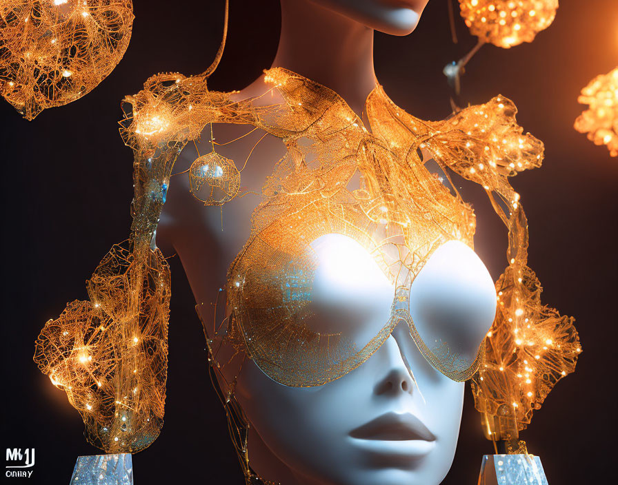 Mannequin head with golden filigree mask and delicate mesh-like structures