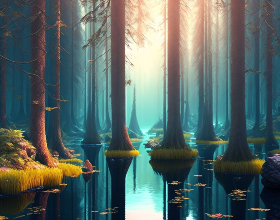 Mystical forest with towering trees and serene water body under sunlight