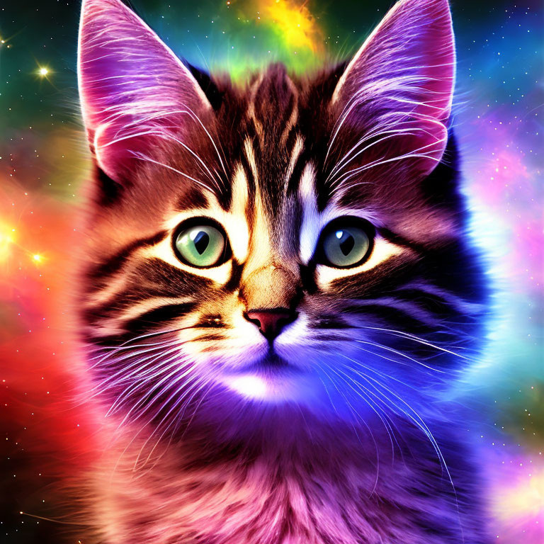 Colorful Digital Artwork: Cat with Green Eyes in Cosmic Setting