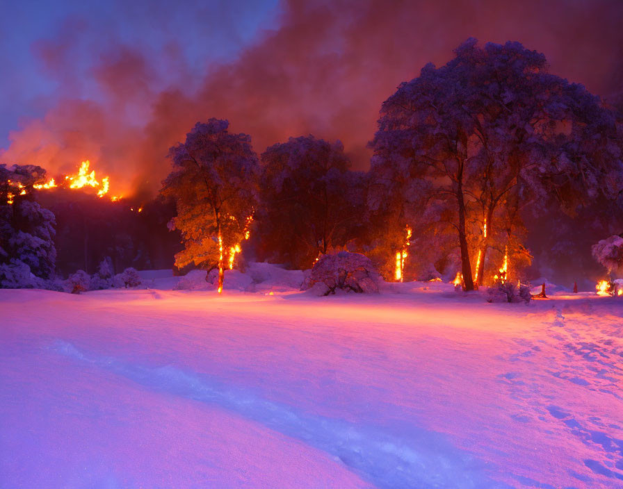 Snowy landscape with fiery trees contrasting orange flames and blue snow under a smoke-filled sky