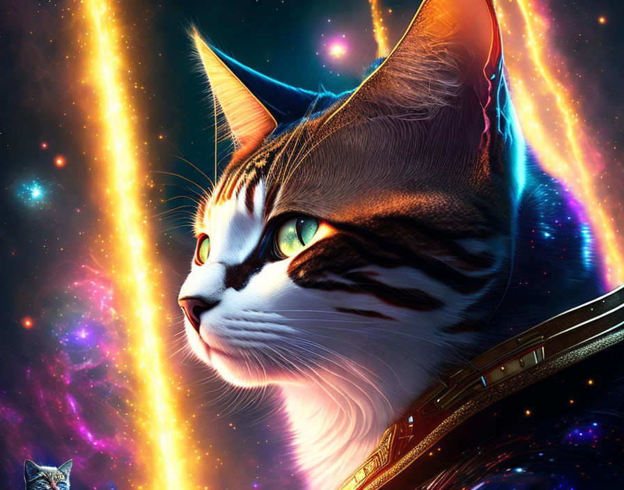 Majestic cosmic cat with galaxy-themed fur and vibrant eyes