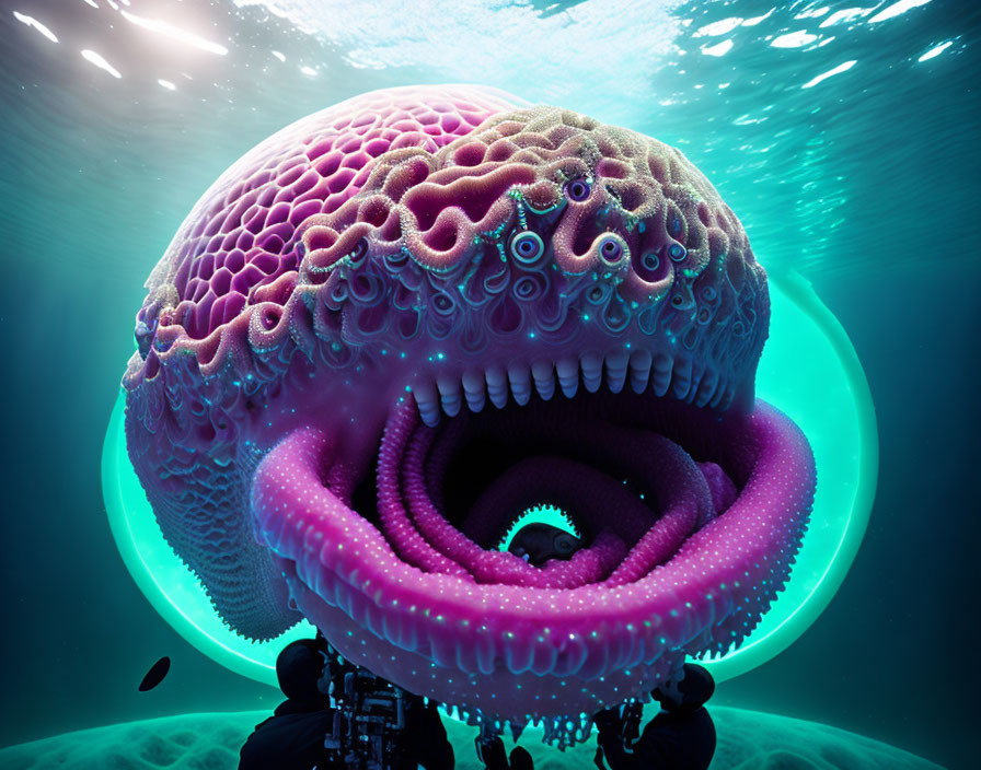 Vibrant surreal sea creature with neon colors and multiple eyes in digital art