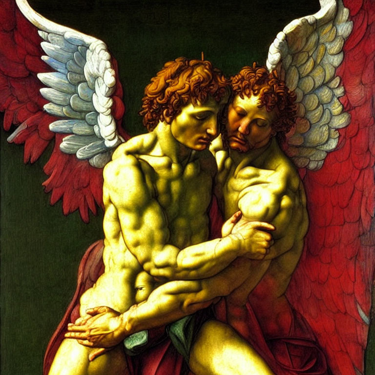 Intimate embrace of two muscular angels with red wings