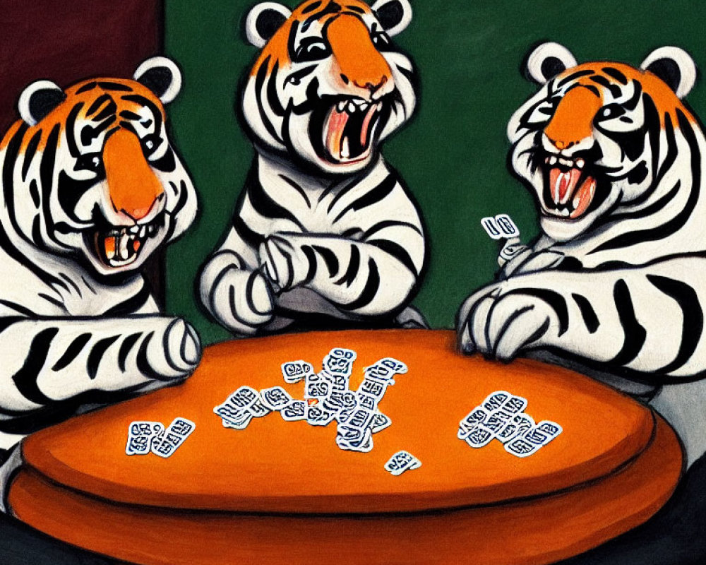 Cartoon tigers playing dominoes at red table