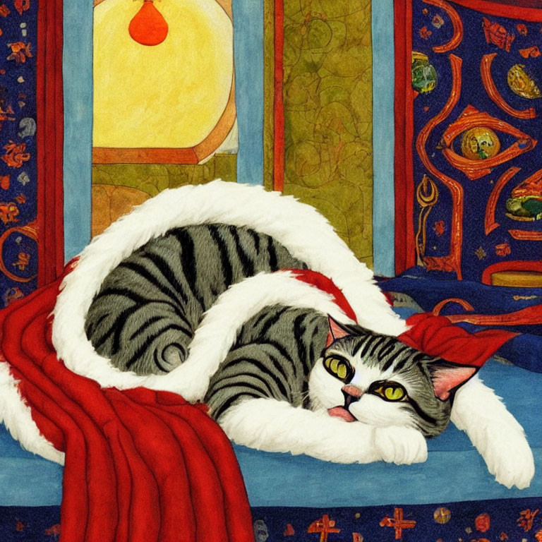 Striped cat in Santa hat on red blanket in medieval-style room