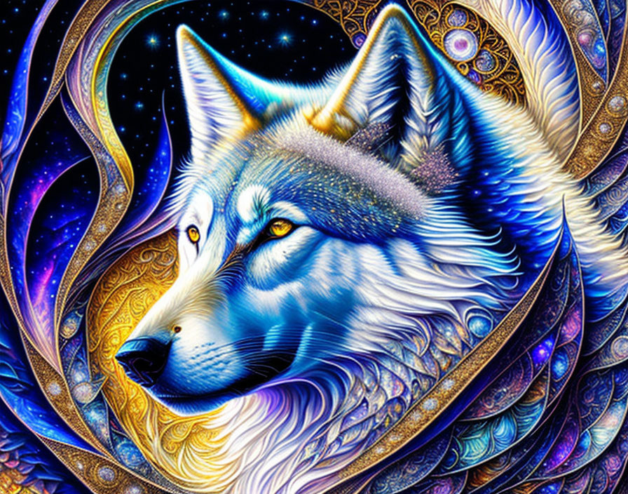 Colorful Wolf Illustration with Cosmic Background