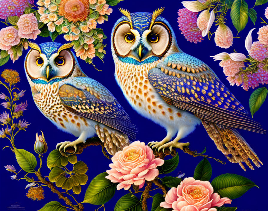 Stylized illustrated owls on branches with vibrant flowers on deep blue.