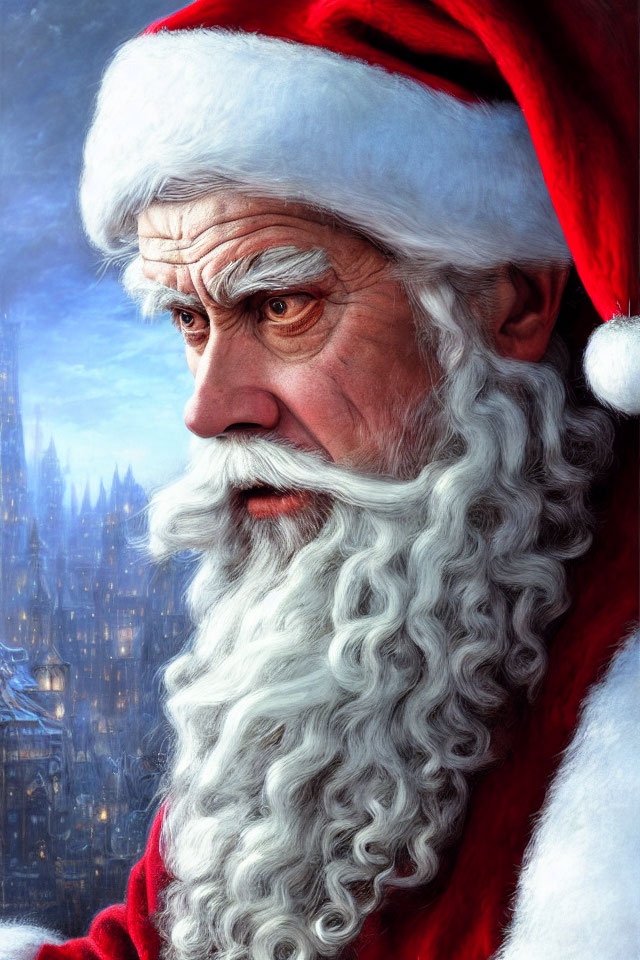 Detailed Santa Claus Portrait with White Beard and Red Hat on Snowy Castle Background