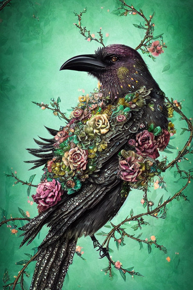 Colorful Raven Artwork with Flowers and Foliage on Green Background