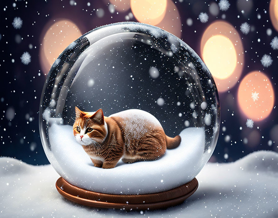 Snow Globe Cat with Falling Snowflakes and Bokeh Lights