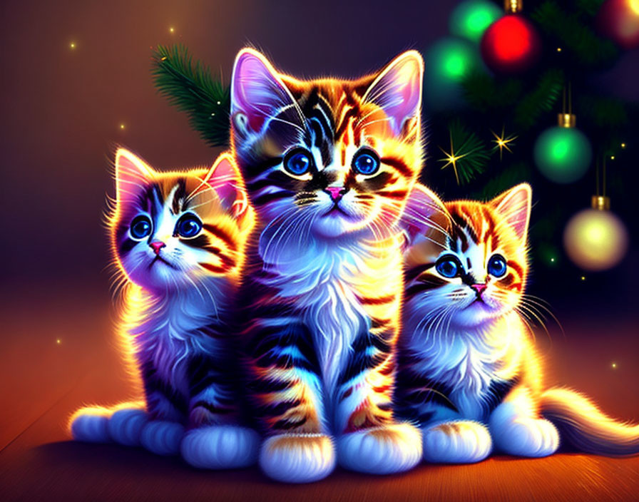 Colorful Kittens with Bright Eyes in Twinkling Lights