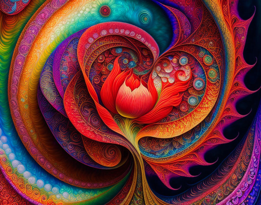 Colorful Heart-shaped Flower Digital Artwork with Intricate Patterns