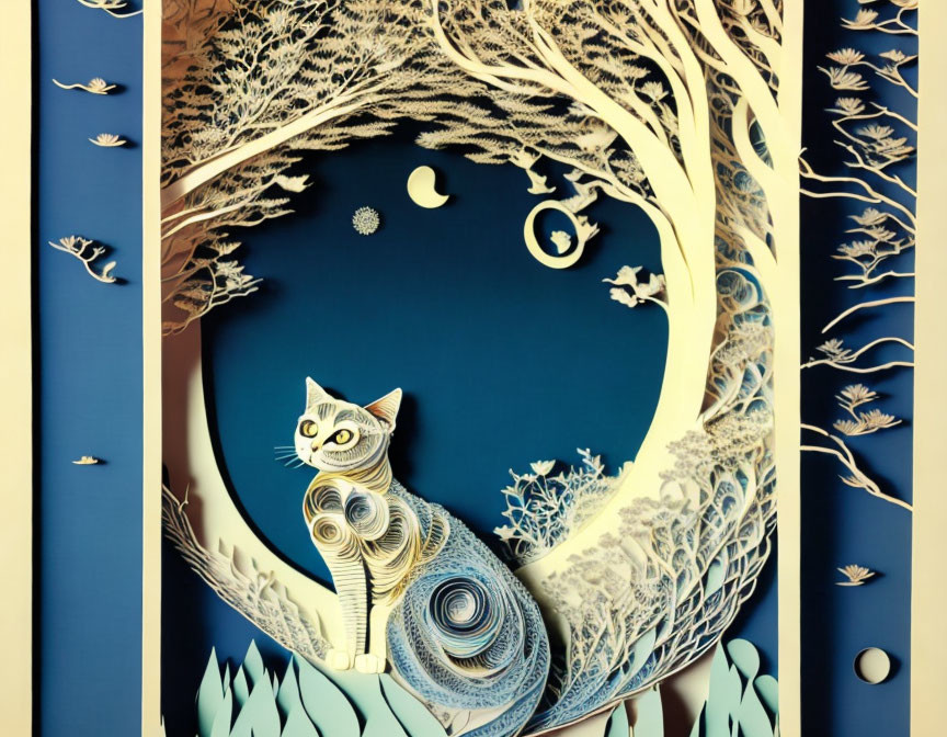 Layered Paper Art: White Cat Under Tree with Night Sky