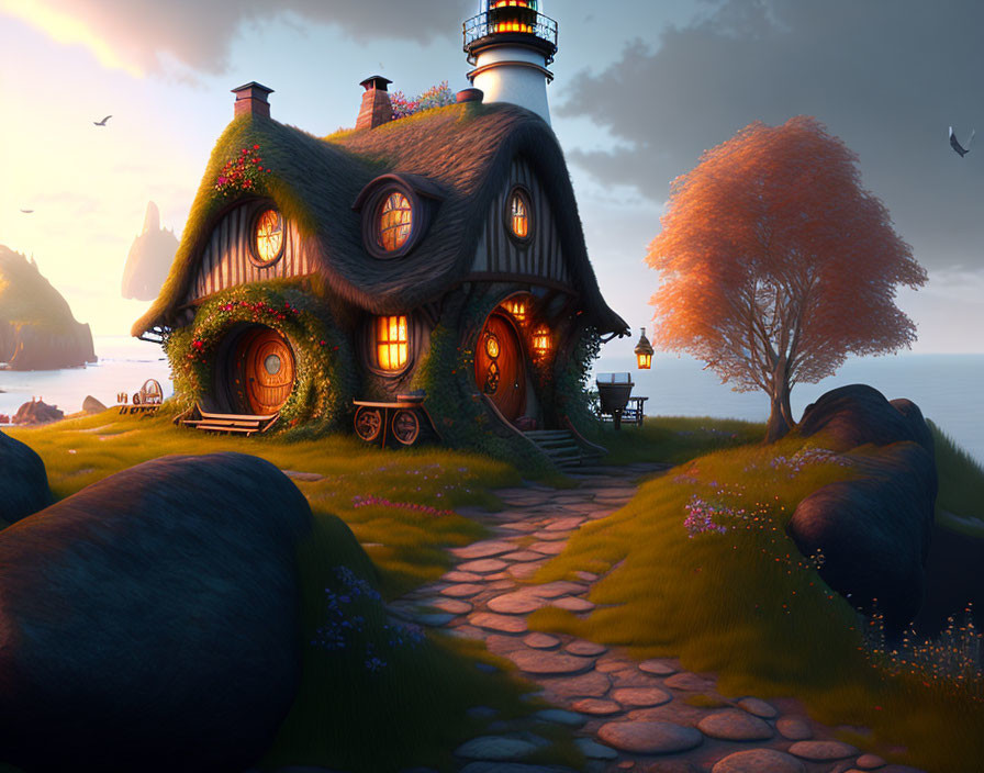 Whimsical cottage with thatched roof and lighthouse extension by the sea at sunset