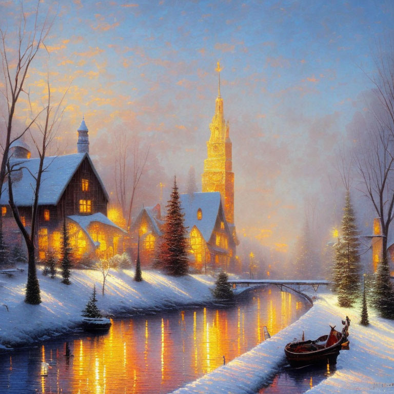 Snow-covered houses, glowing church spire, river, boat in twilight winter scene