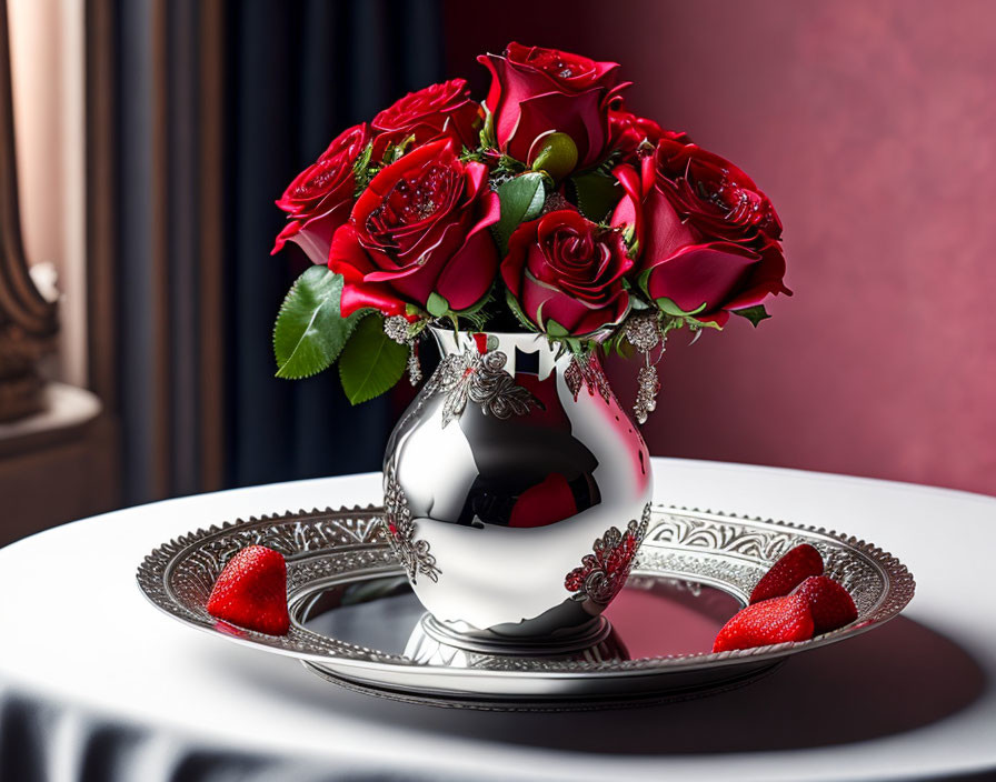 Red Roses Bouquet in Silver Vase with Heart-shaped Chocolates on Pink and Maroon Background