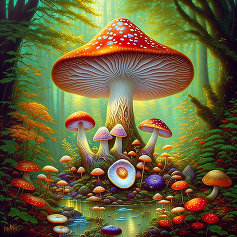 Colorful oversized mushrooms in enchanted forest with pond