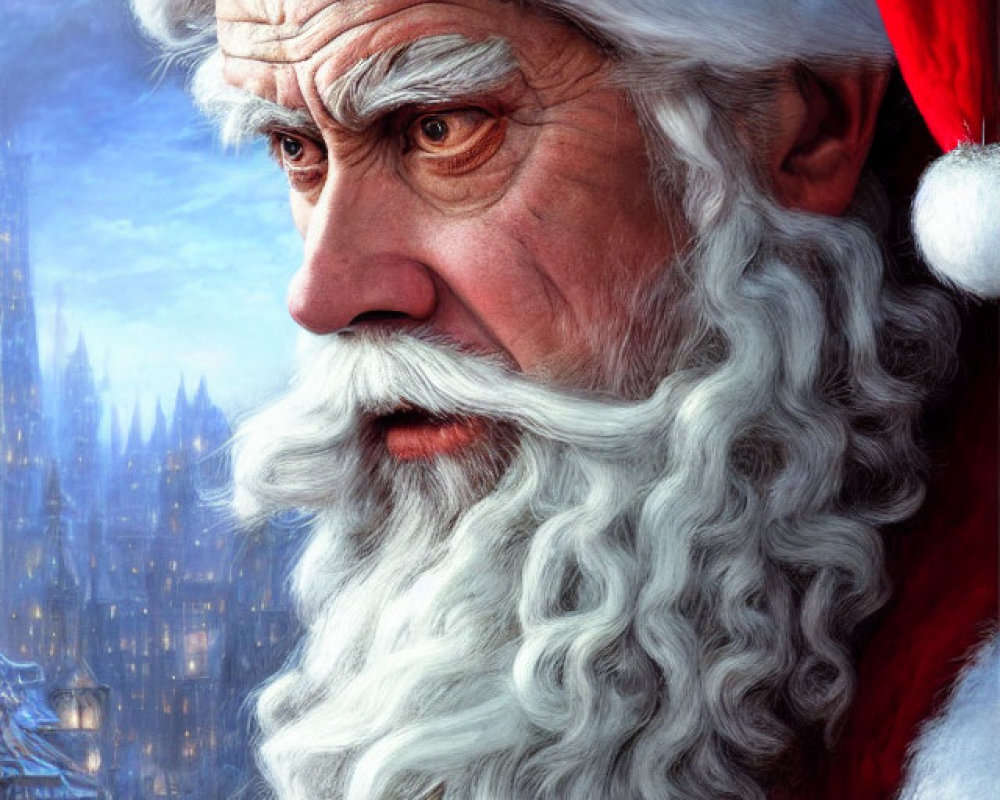 Detailed Santa Claus Portrait with White Beard and Red Hat on Snowy Castle Background