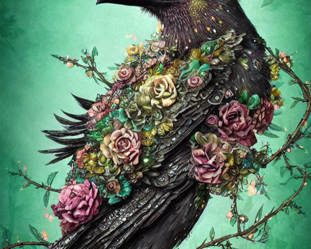 Colorful Raven Artwork with Flowers and Foliage on Green Background