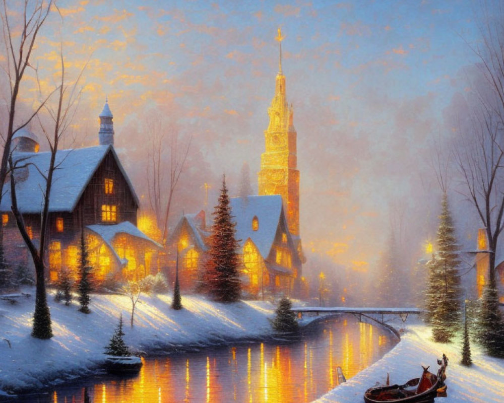 Snow-covered houses, glowing church spire, river, boat in twilight winter scene