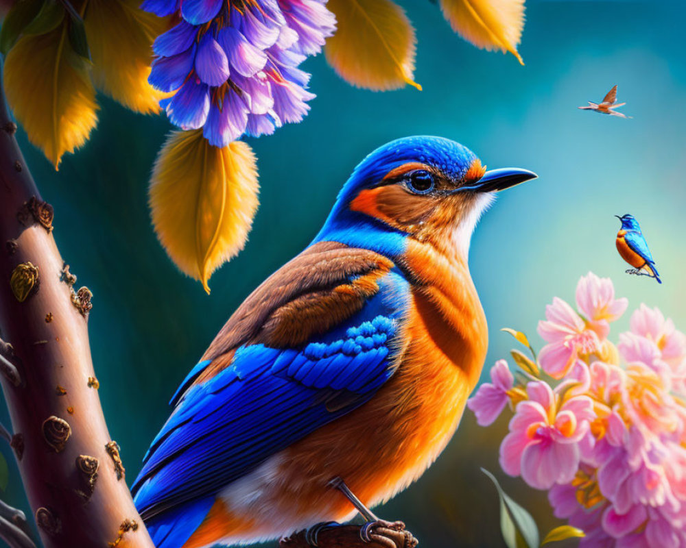 Colorful Bird Illustration with Flowers and Flying Bird