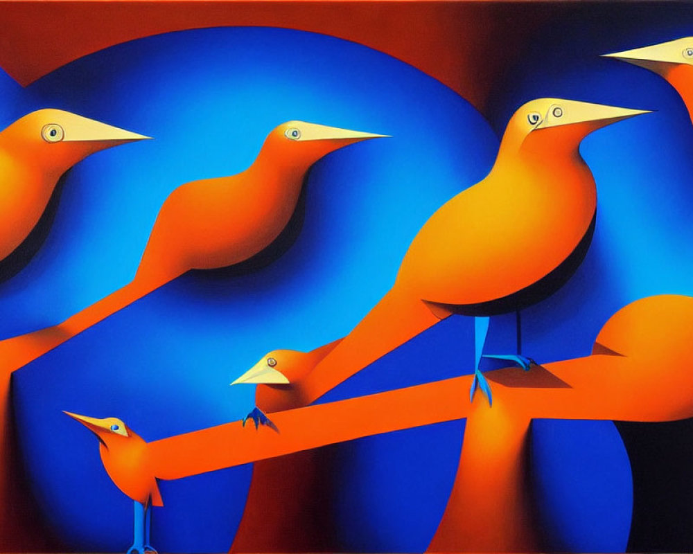 Colorful painting of orange birds on branches against blue background