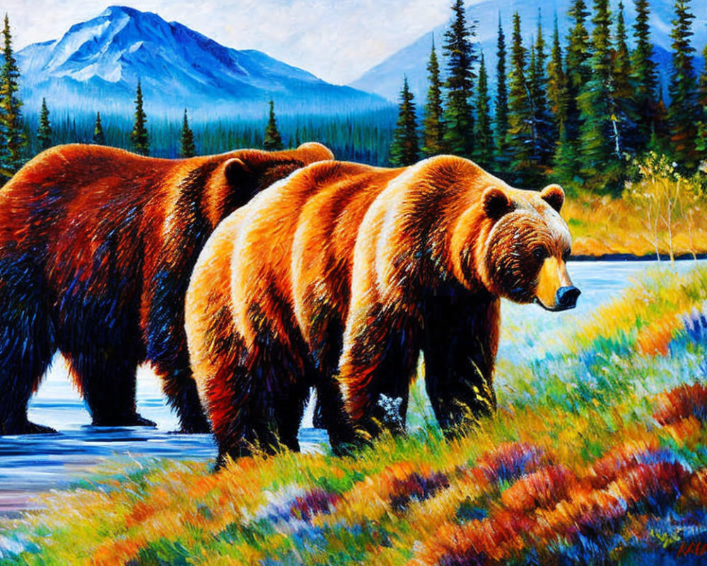 Brown bears near river with mountain - Vibrant painting