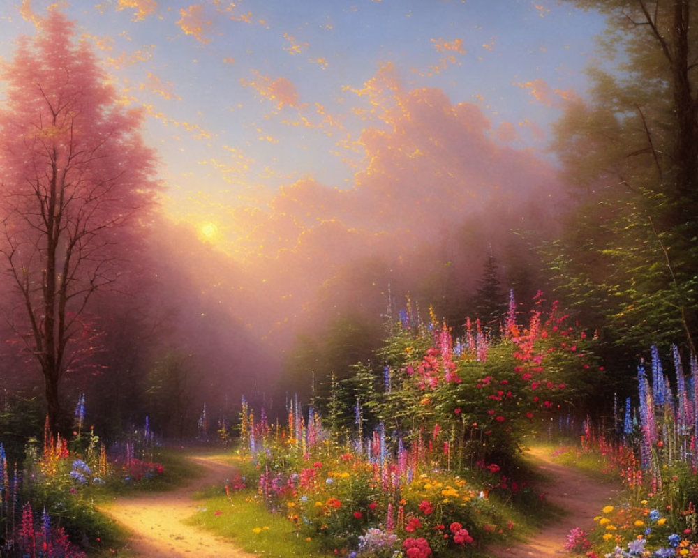 Tranquil forest path with colorful wildflowers at sunset