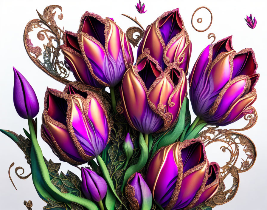 Purple and Gold Tulips with Metallic Embellishments on Light Background