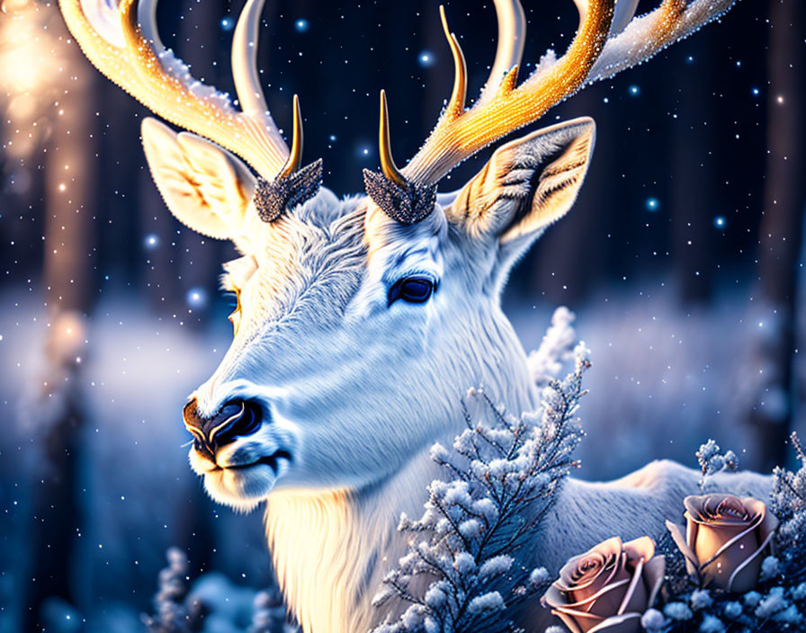 White stag with glowing antlers in wintry forest under night sky