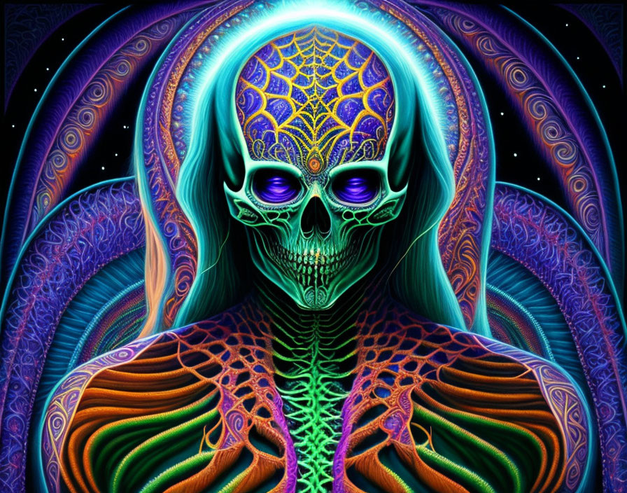 Detailed Psychedelic Human Skull Artwork on Colorful Cosmic Background