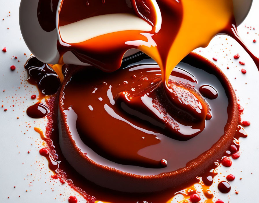 Caramel and Chocolate Sauces Mixing on White Surface