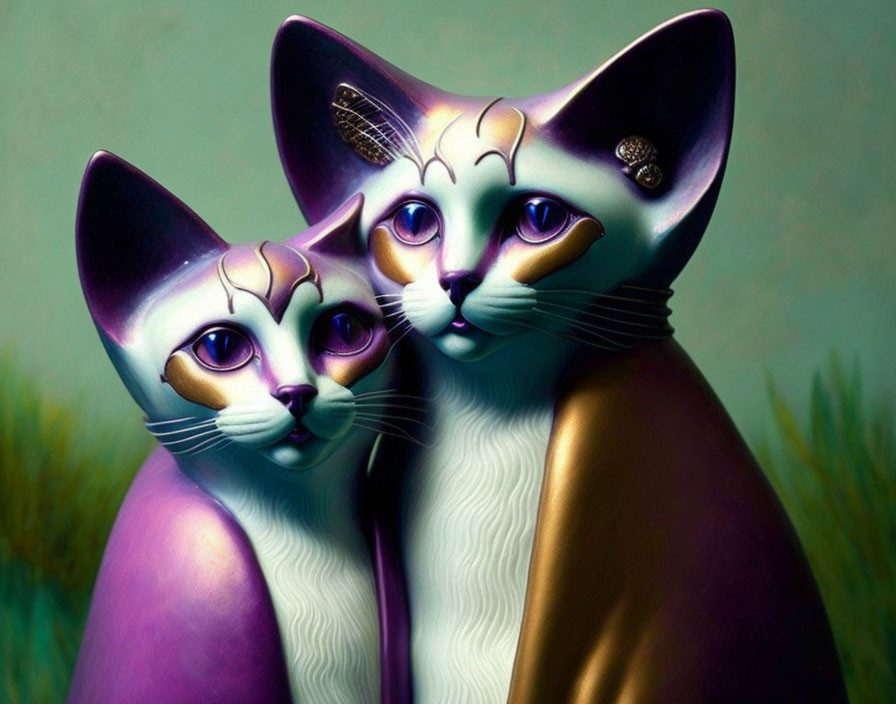 Surrealistic image featuring anthropomorphic cats with human-like eyes on teal background