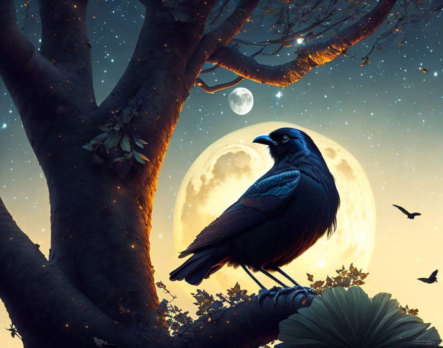 Raven perched on tree branch under full moon and stars