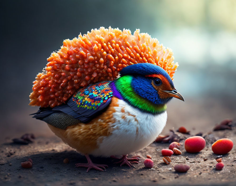 Vibrant blue-headed bird with rainbow feathers and orange backrest among scattered seeds