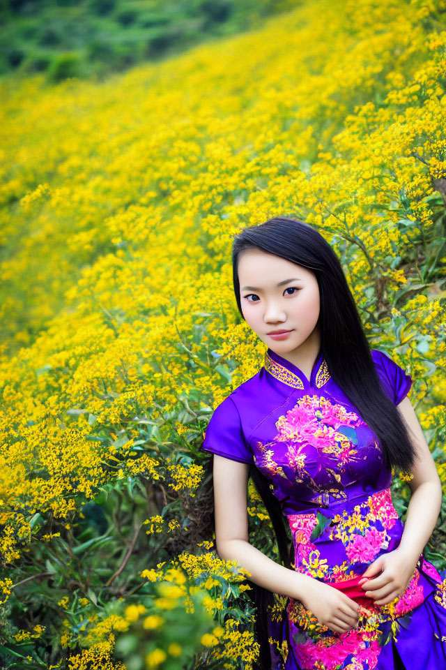 Woman in Traditional Purple Dress Standing in Vibrant Yellow Flower Field