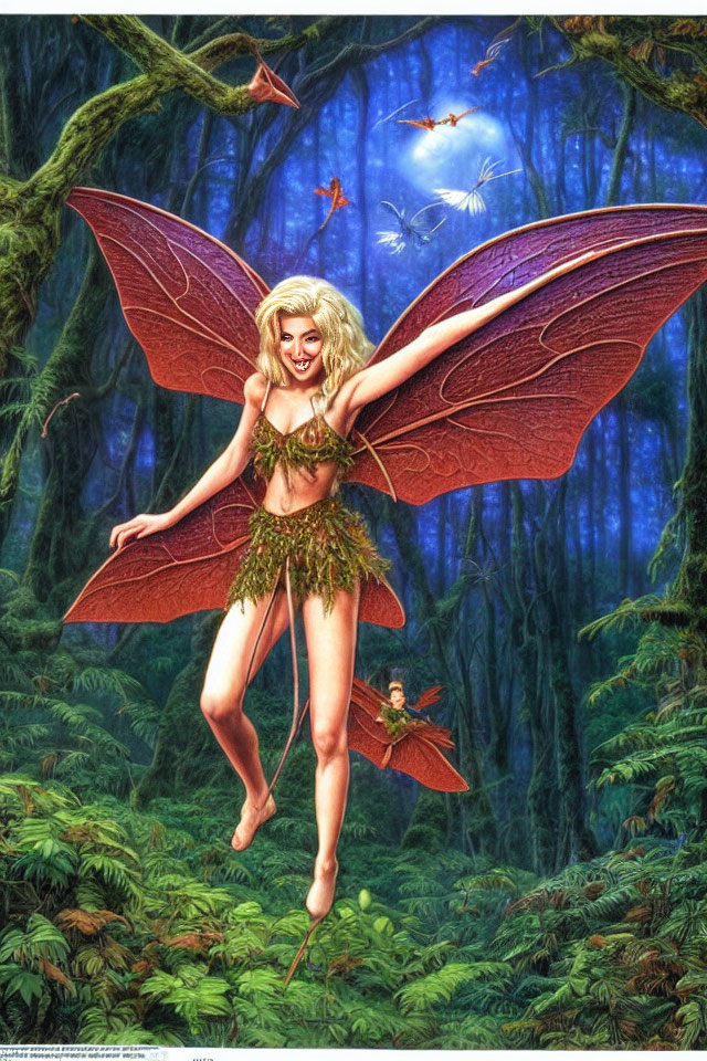 Fantasy illustration: Two fairies with translucent wings in lush forest at night